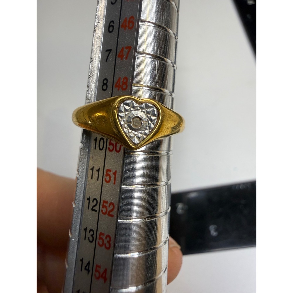 Gold Tone Heart Signet Ring Diamond Cut Illusion Setting Size 5